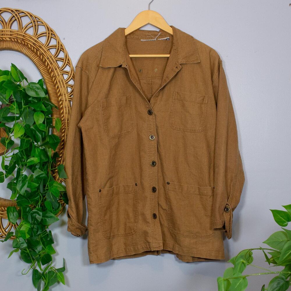 VTG Erika Camel Utility Shirt Jacket Linen Blend Work Pockets Earthy Soft Autumn